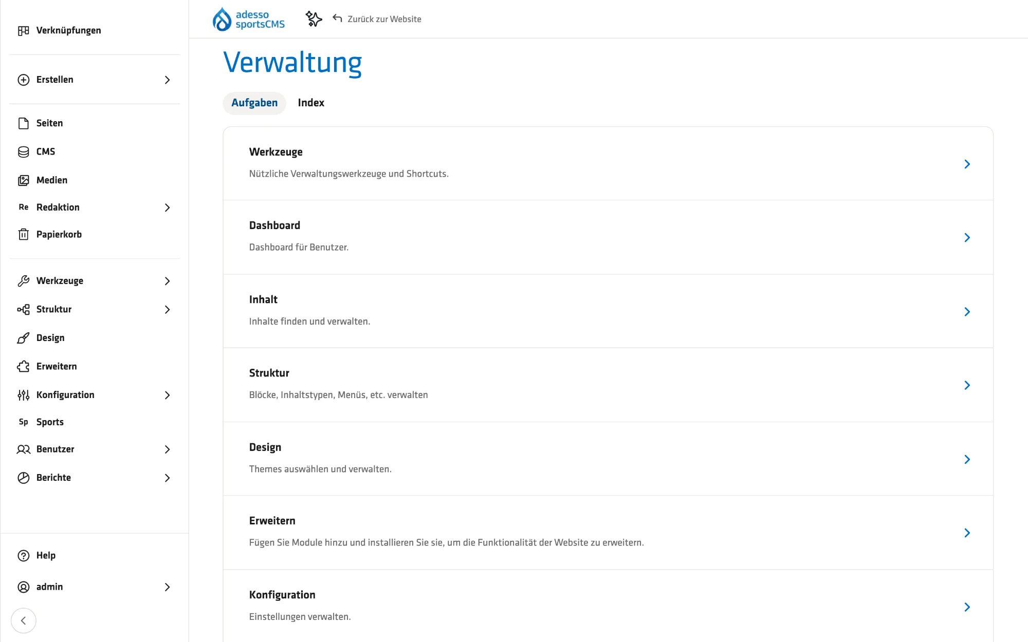 Administration: the way into the back end – content, structure, design and configuration at a glance.