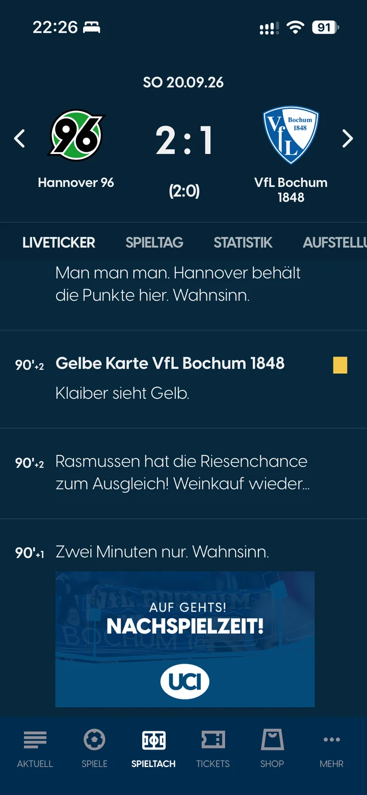 VfL Bochum app: live ticker in the match centre
