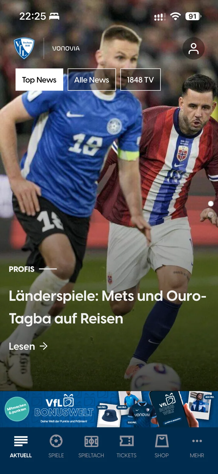 VfL Bochum app: top news with partner banner