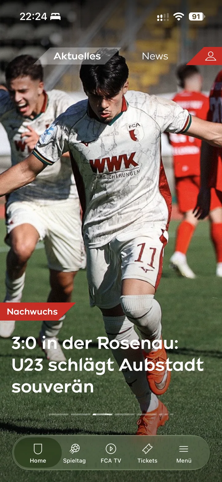 FC Augsburg app: lead news story on the home screen