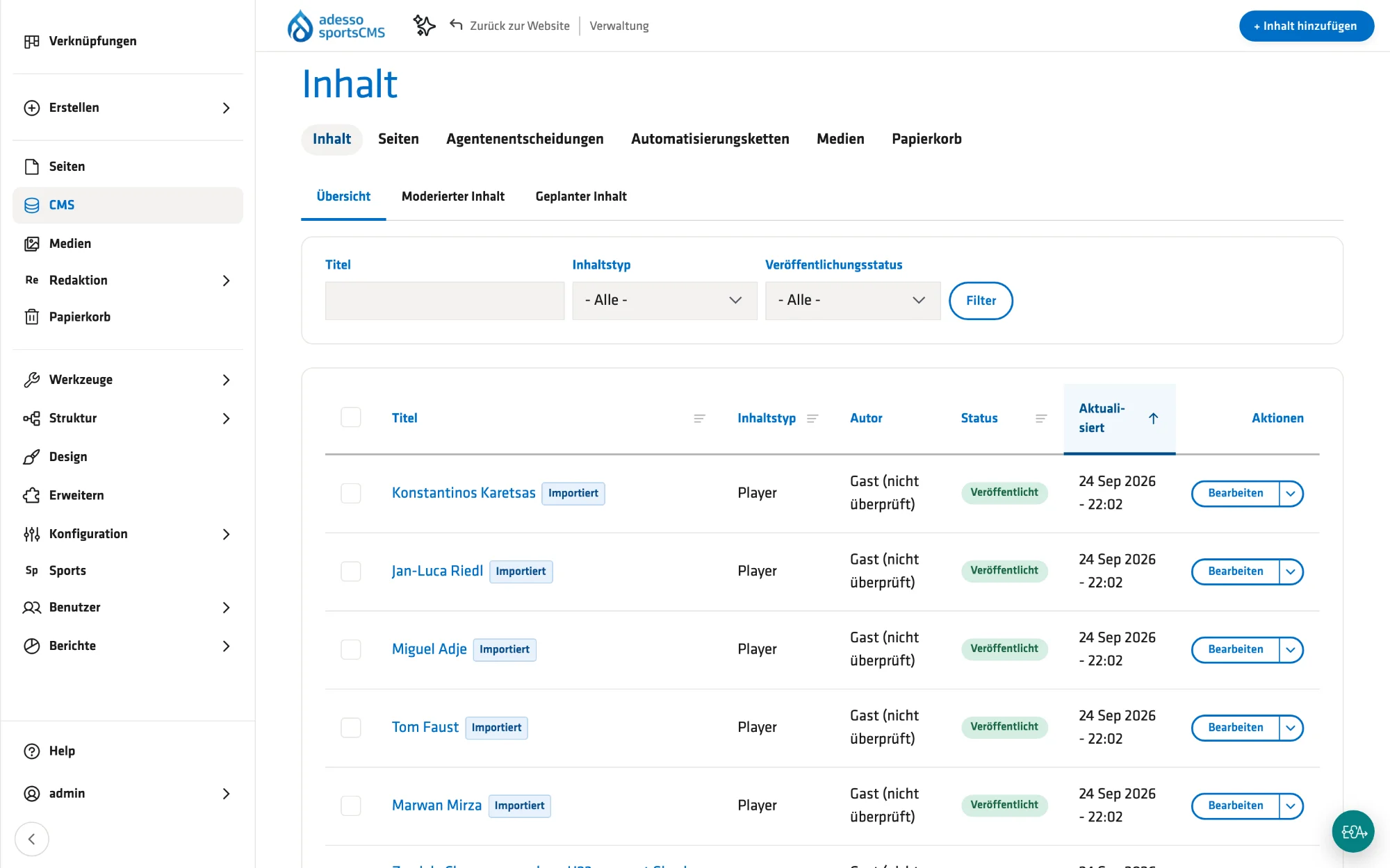 Content overview: news, matches and players in one list – filterable by content type and status.