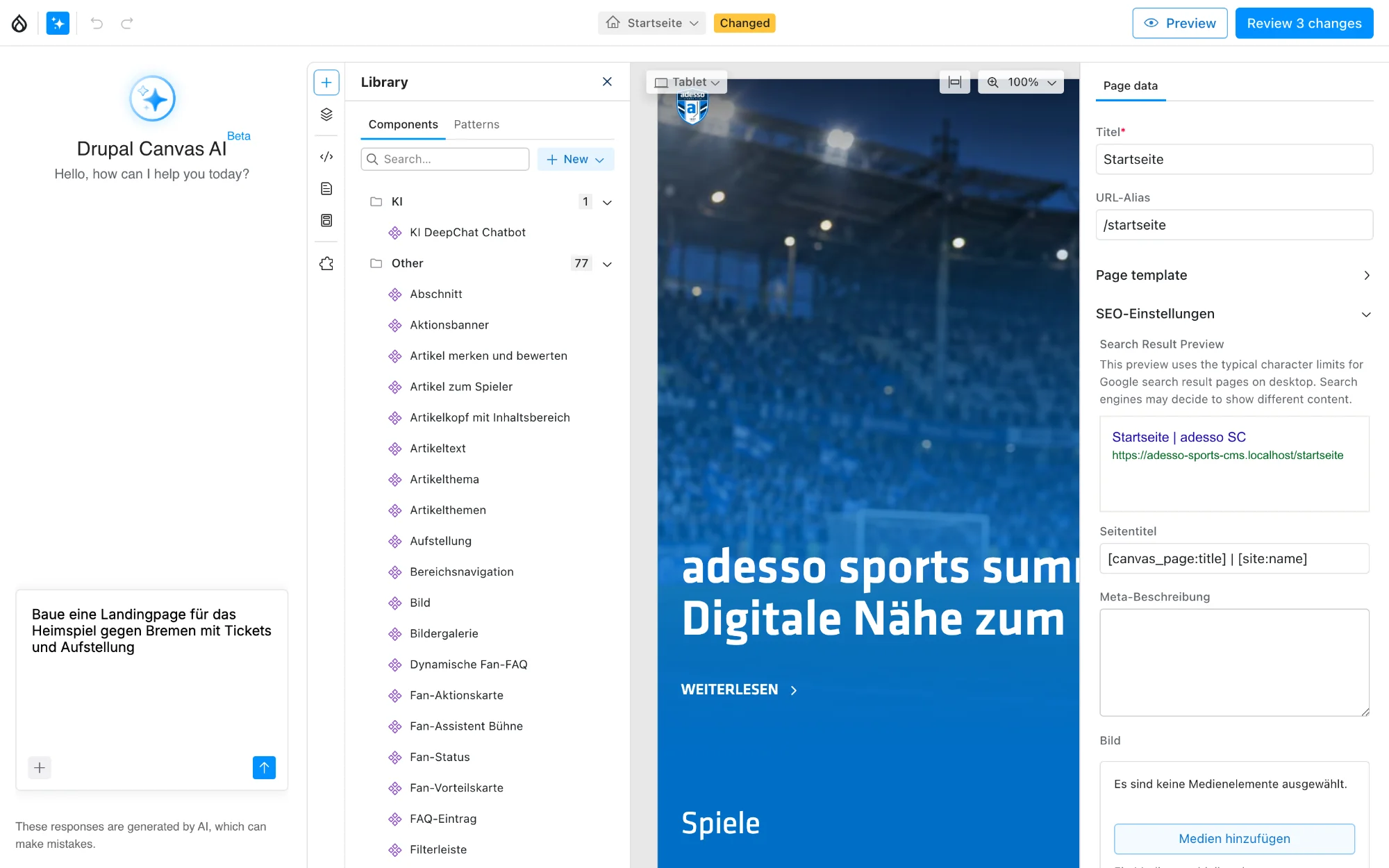 Pages by prompt: describe a page idea and let the AI assistant build it in the page editor.