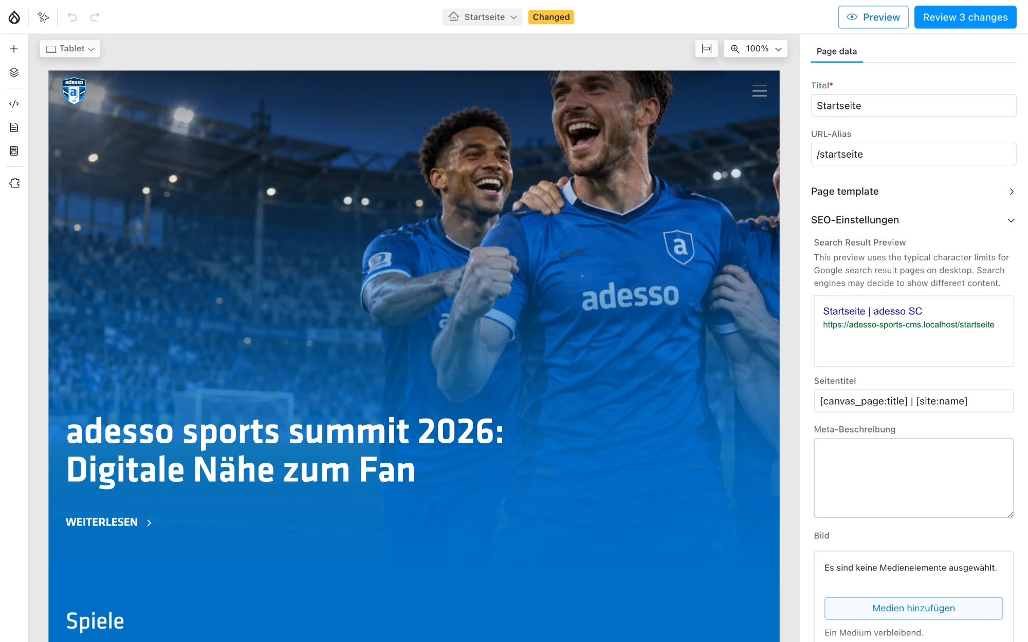 Page editor: the home page in the visual editor with live preview.