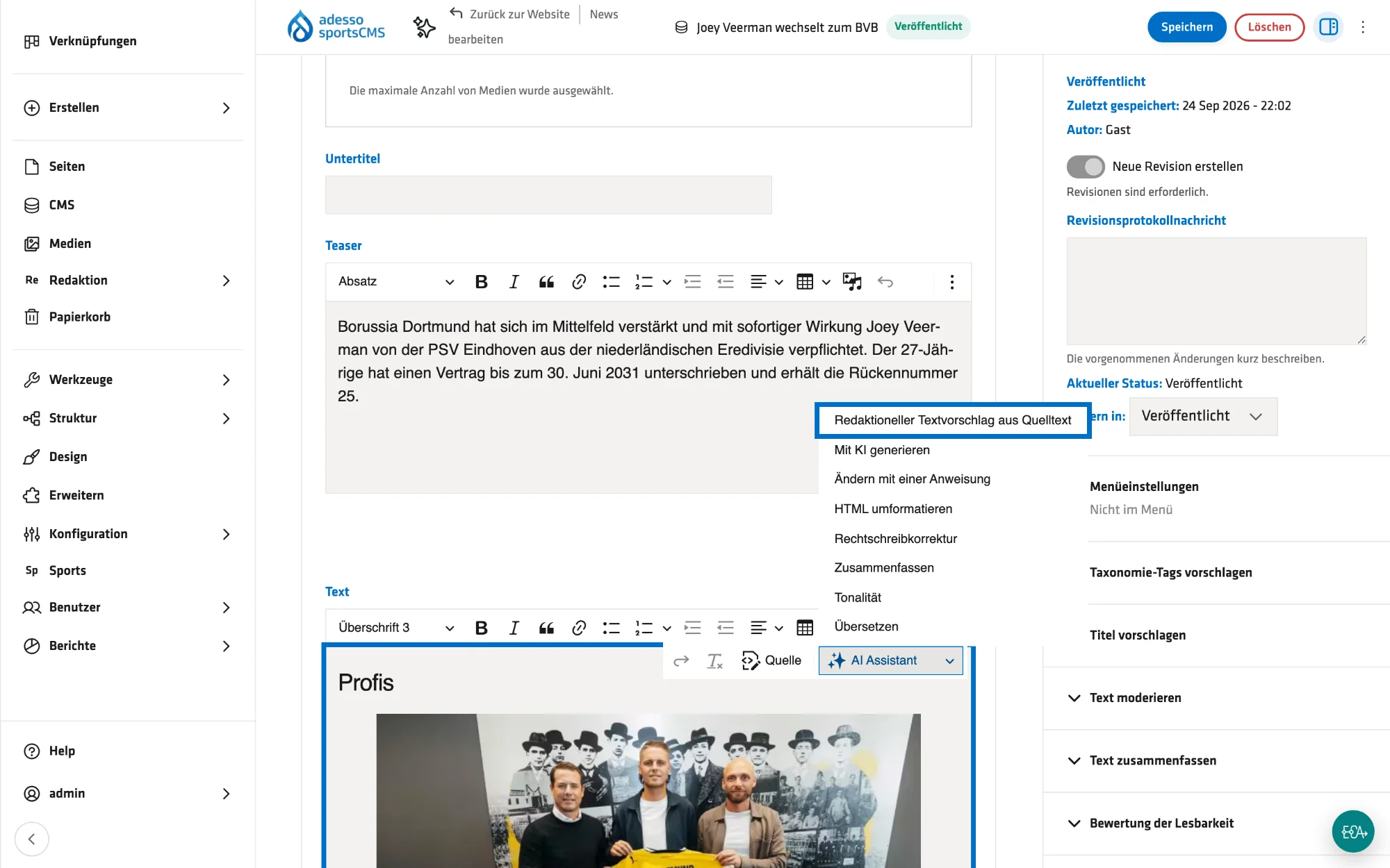 AI in the editor: right in the text editor – generate, rewrite, adjust the tone, translate.