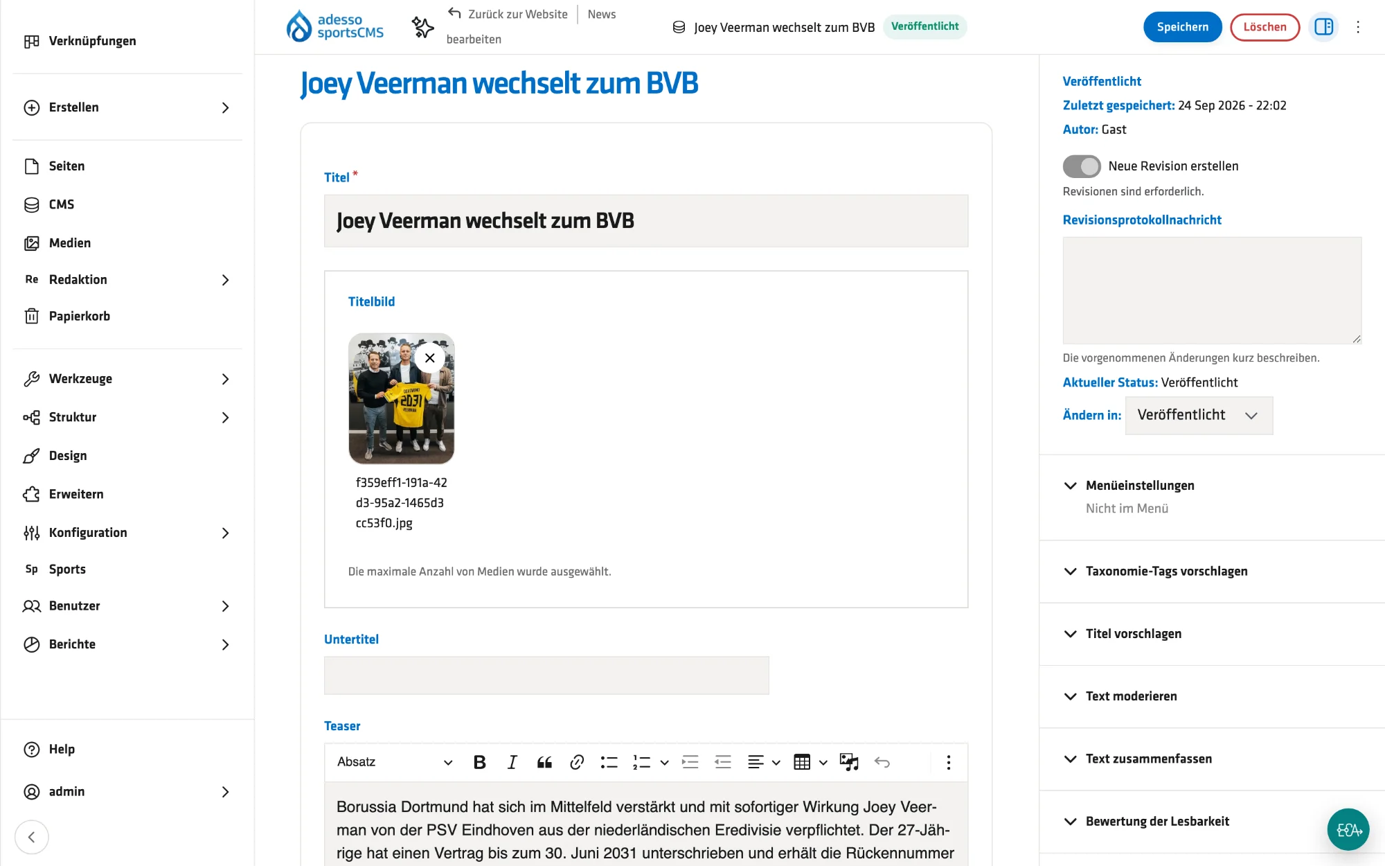 Editing news: a news article in the editor, with revisions, status and publishing options.