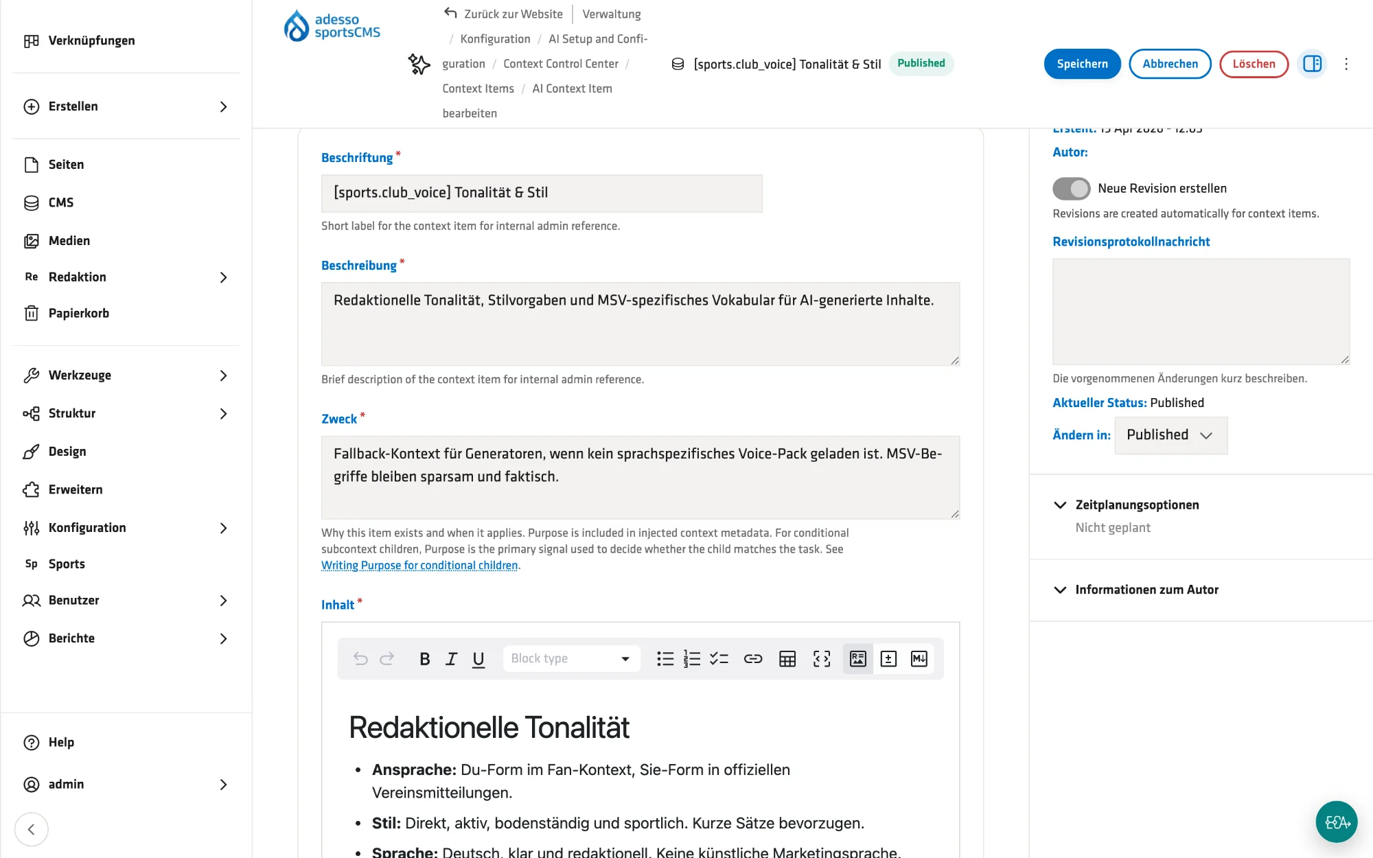 Tone of voice & style: how your club speaks – as a guideline for all AI copy.