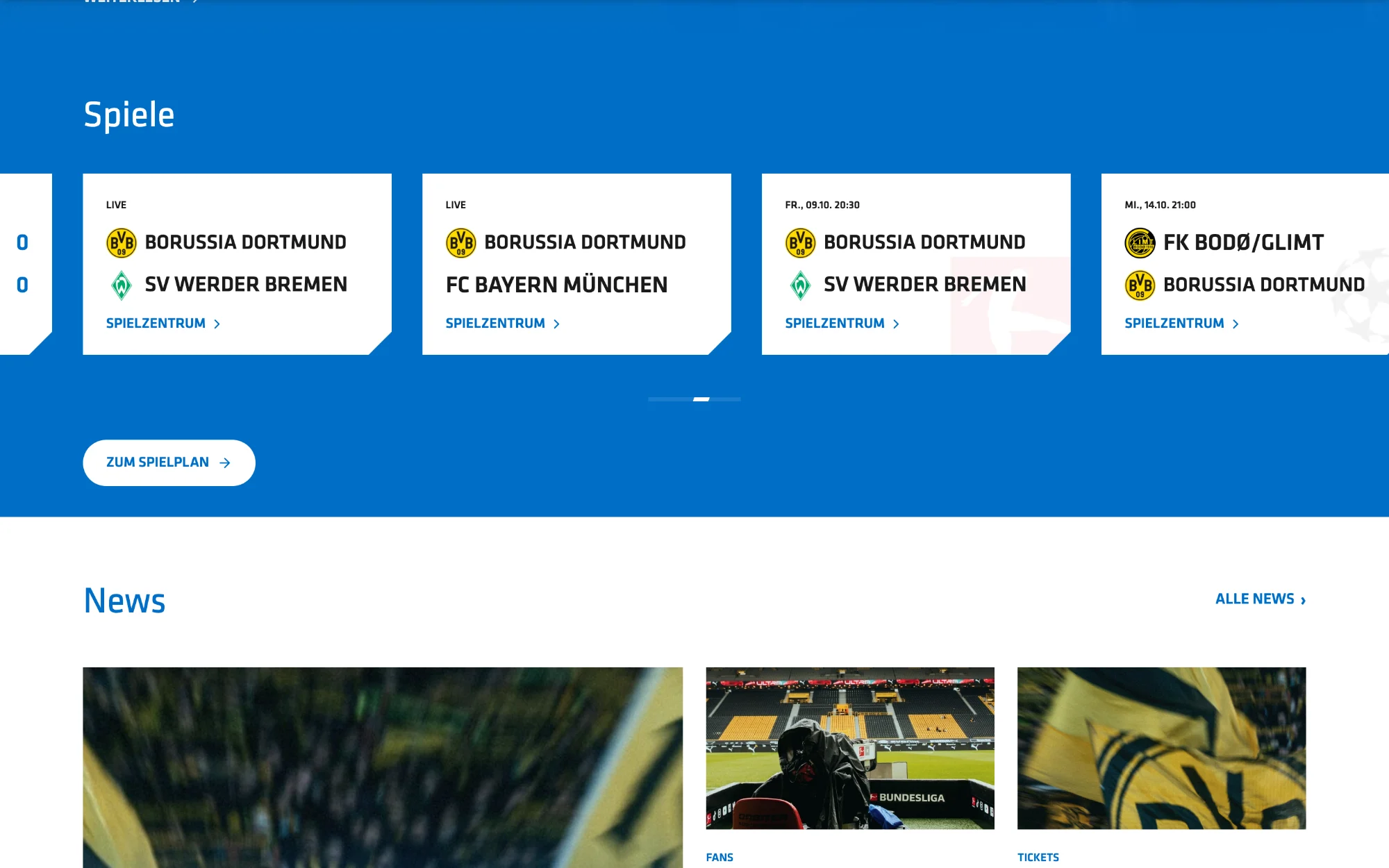 Match carousel: upcoming and past matches right on the home page.