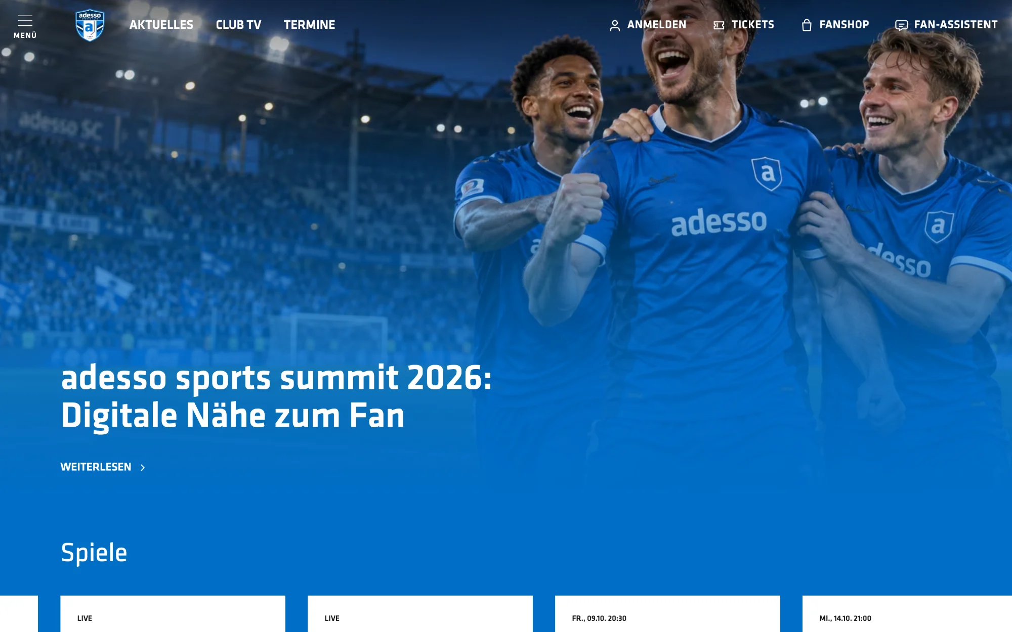 Home page: the club website with a large lead story, matches and news.