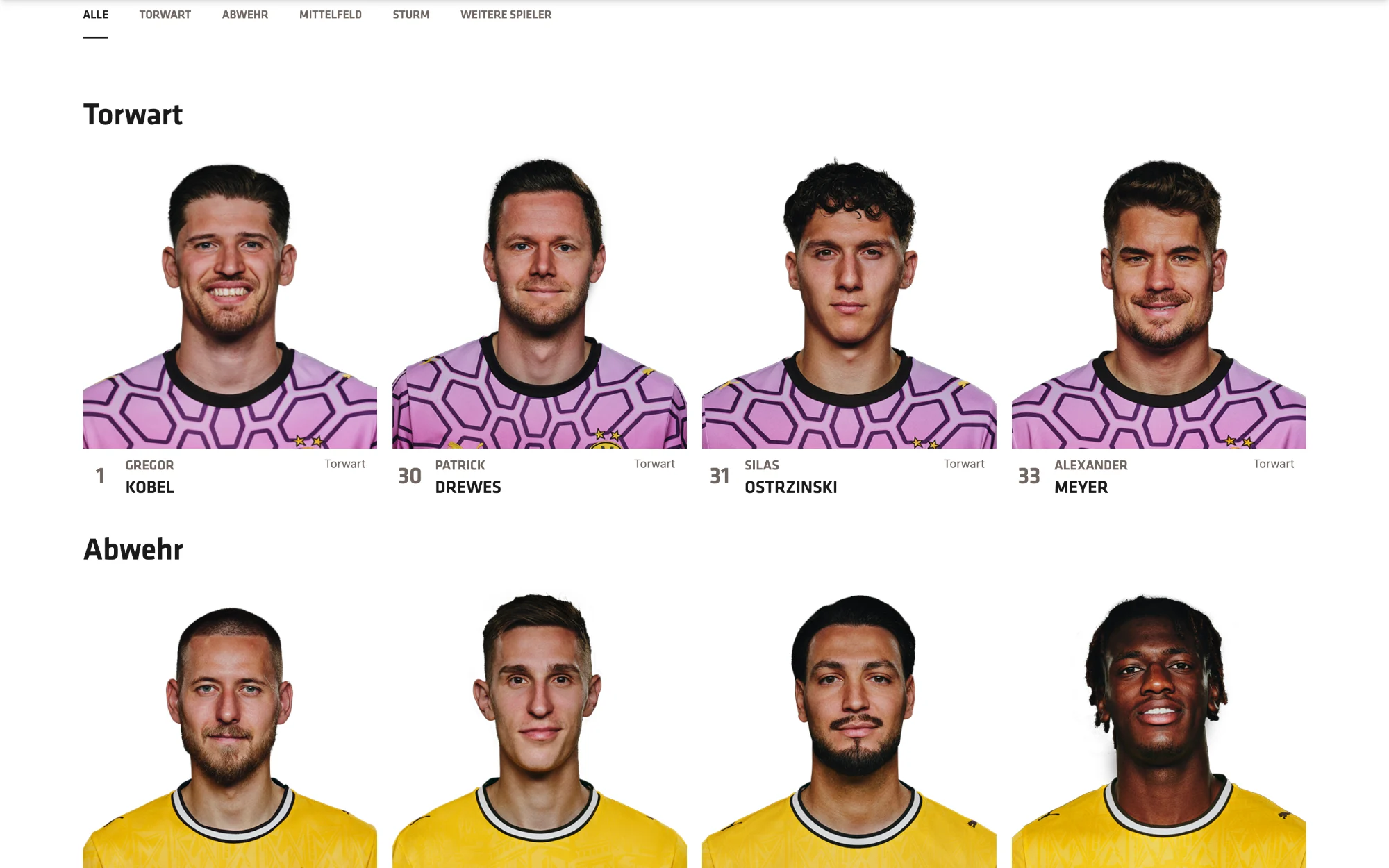 Player cards: photo, shirt number and position at a glance.