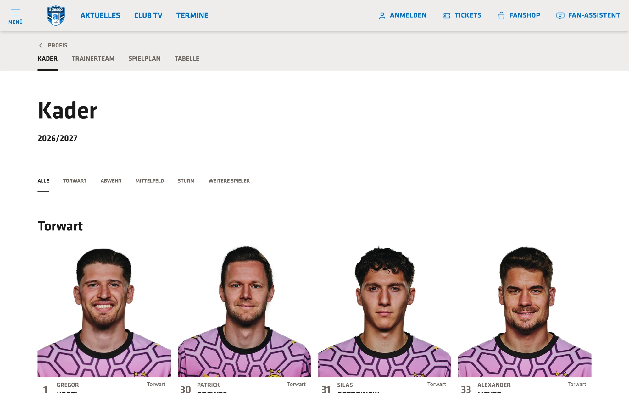 Squad: the first-team squad page with a position filter.