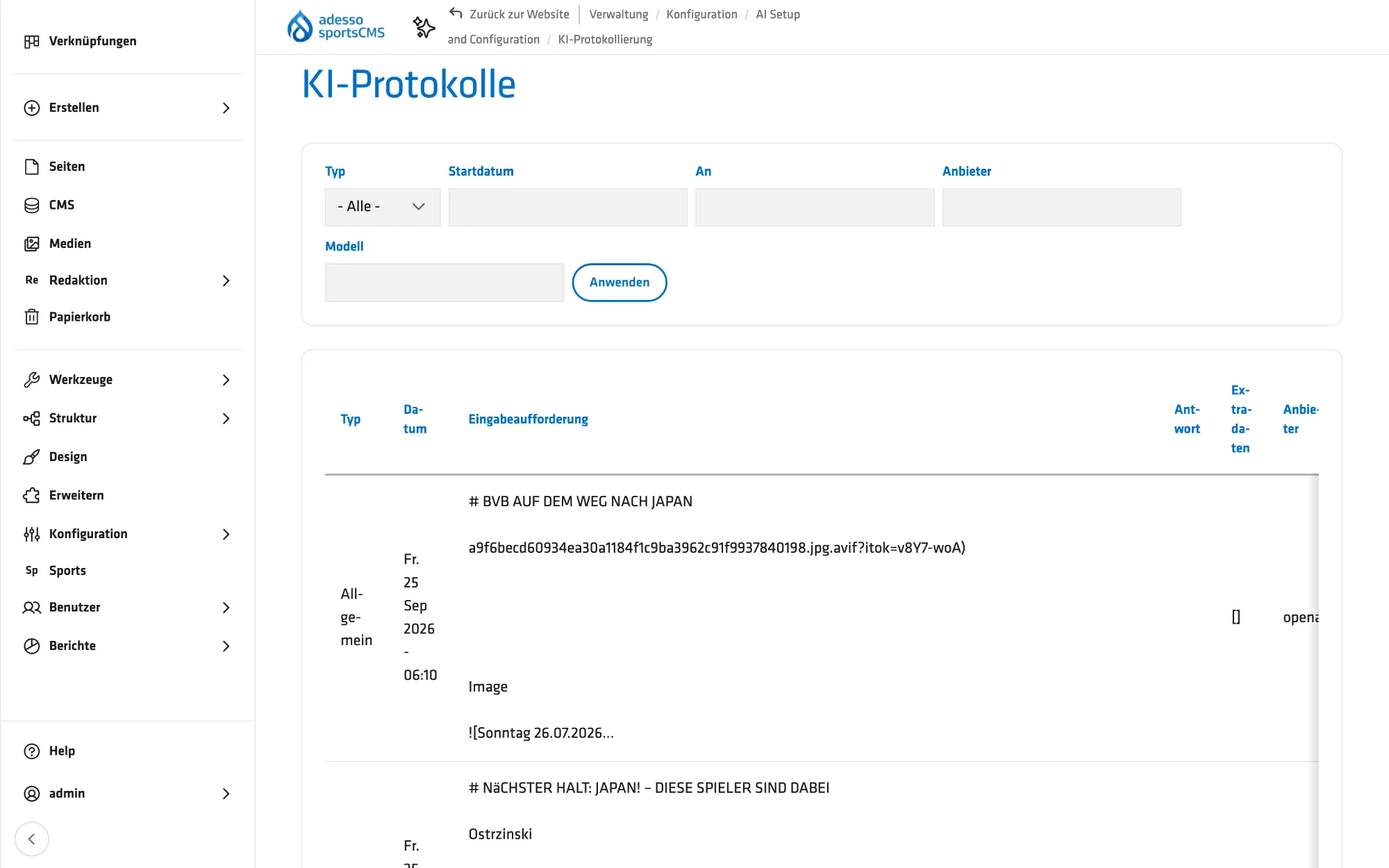 Log: every AI call traceable – filterable by provider, model and date.