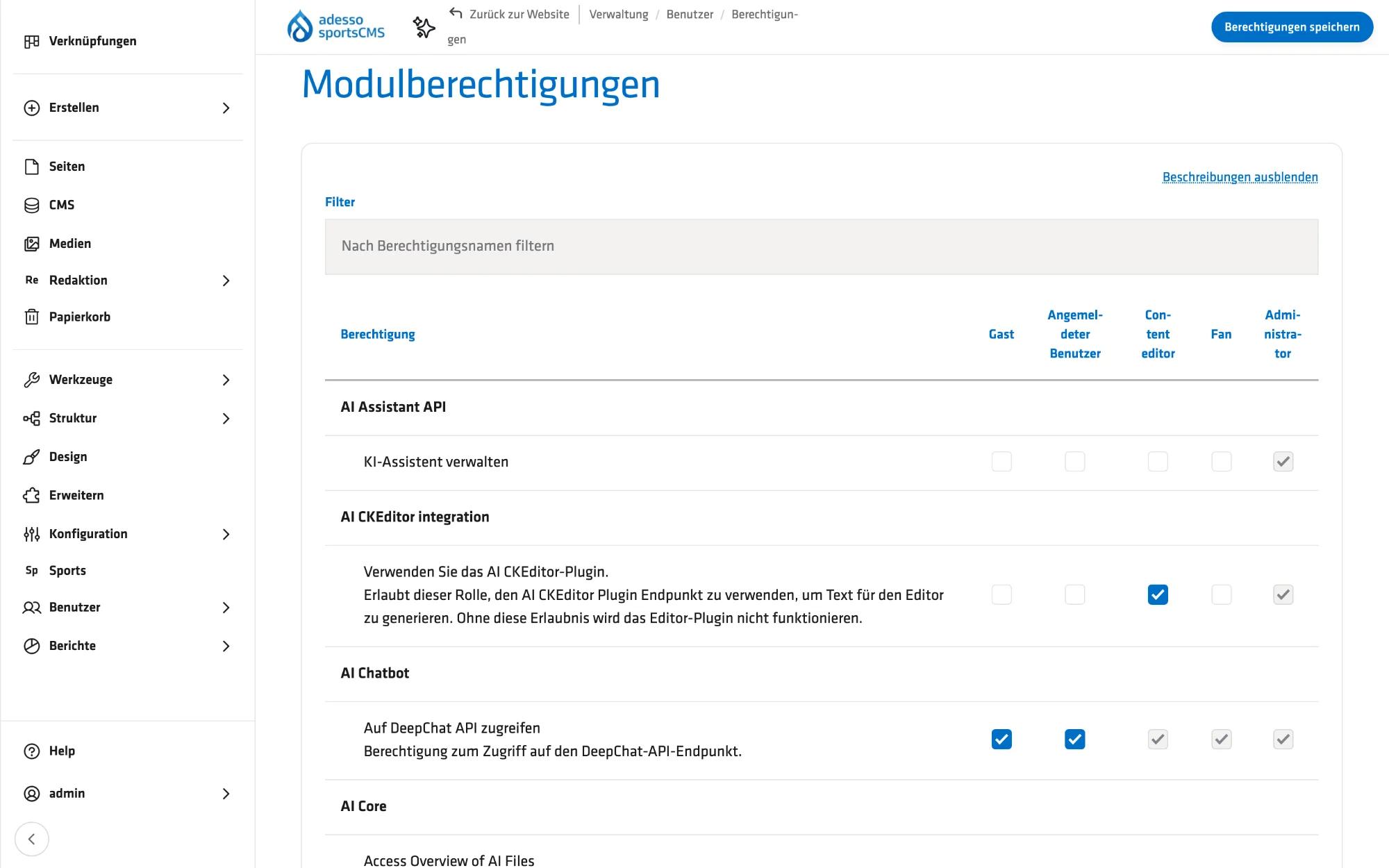 Permissions: define exactly which role may use which AI feature.