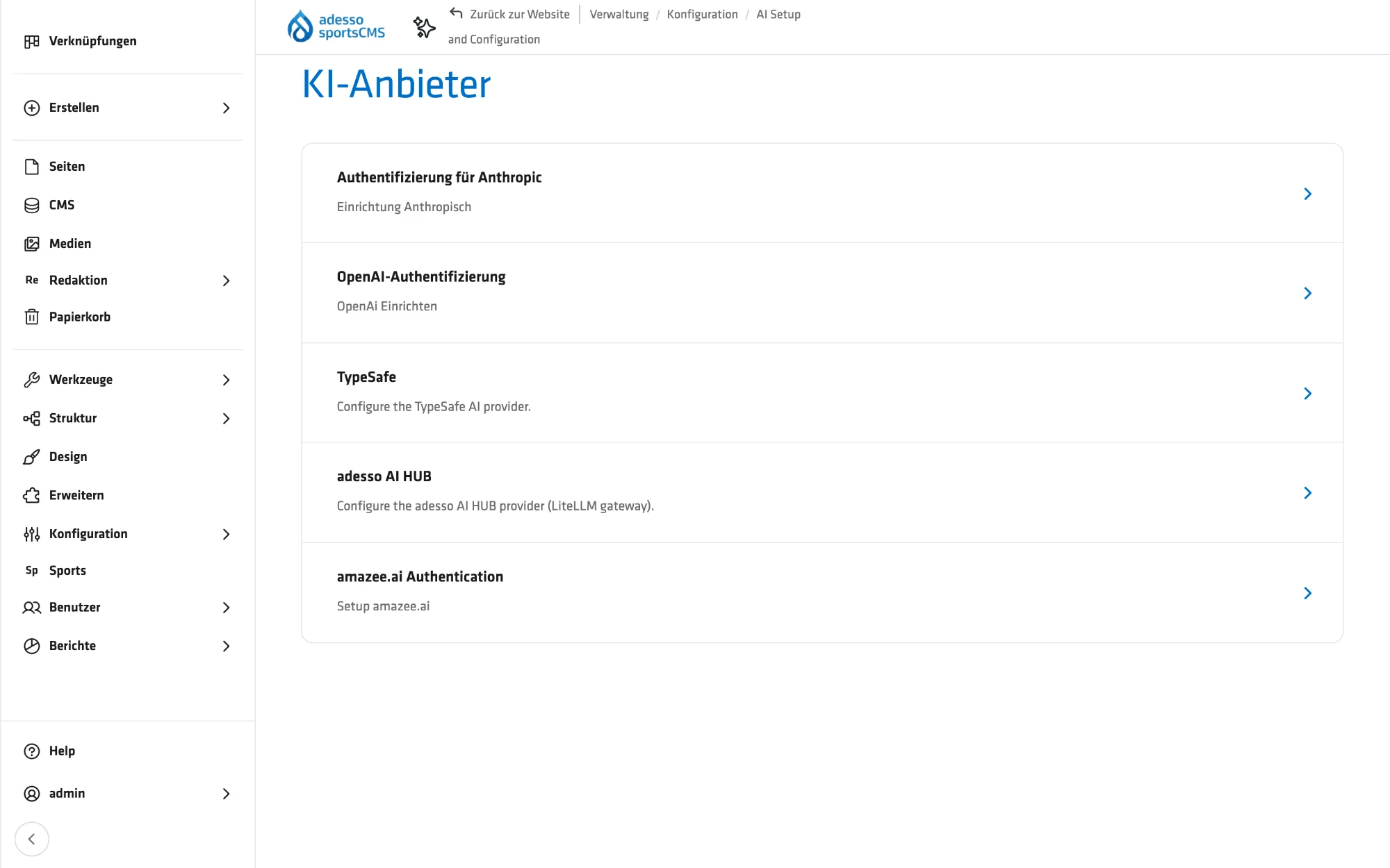 AI providers: connections for Anthropic, OpenAI or the adesso AI HUB, for example.